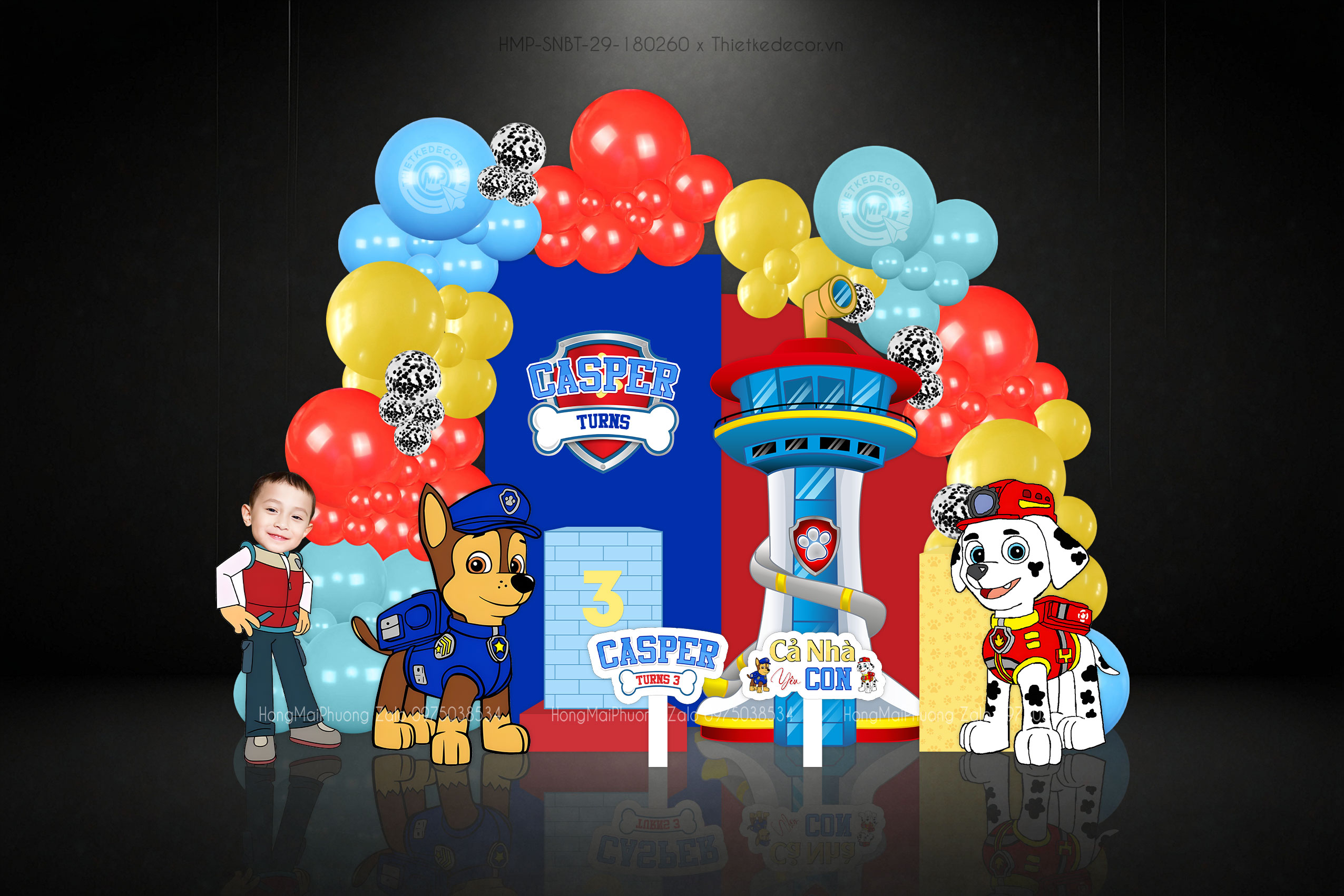 Sinh nhật bé trai tone xanh- đỏ chủ đề theo phim PAW Patrol: Phim siêu đẳng